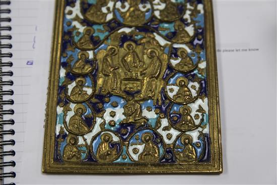 A group of 19th century and later Russian brass and champleve icons, crucifix 11in.